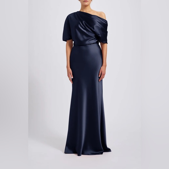 Amsale x Bloomingdale’s Draped Satin One Shoulder Dress in Navy - Picture 2 of 7